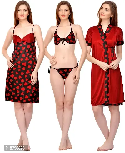 Attractive Printed Satin  Nighty and  Robe and  Bra and  Panty For Women