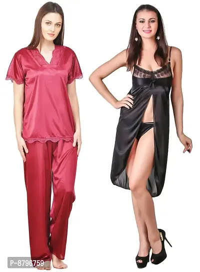 Attractive Solid Satin  Top  Pyjama and  Nighty For Women-thumb0