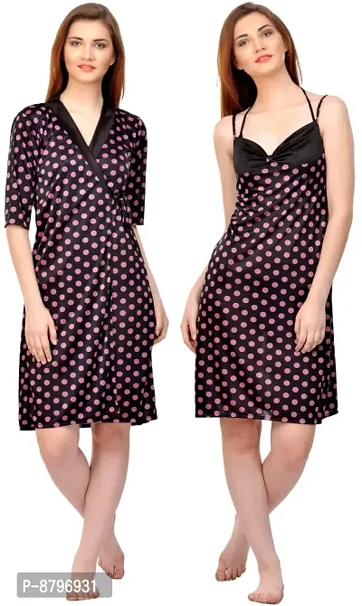 Attractive Polka Print Satin  Nighty And  Robe For Women-thumb0