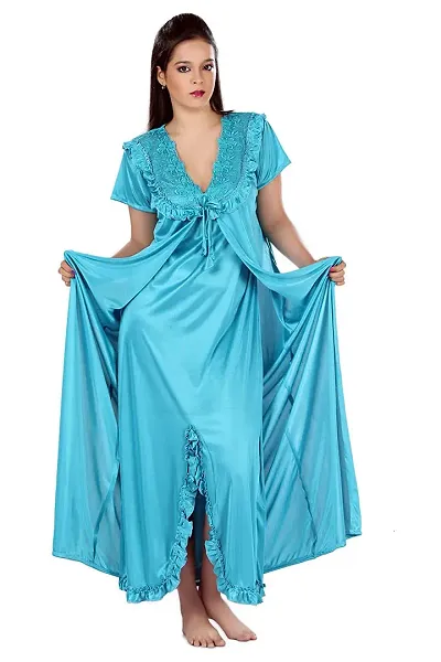 Solid Satin Lace Ruffle Trim Nighty and Robe Set