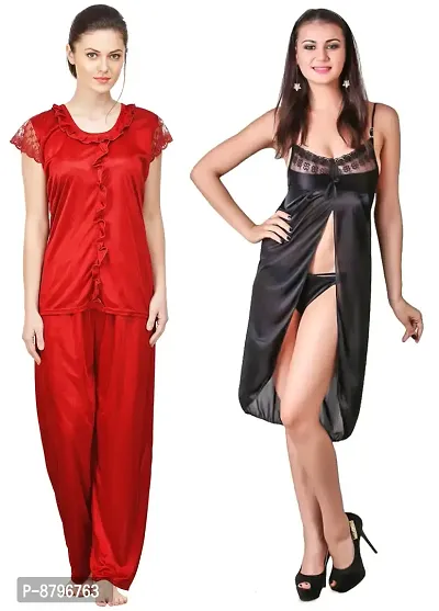 Attractive Solid Satin  Top  Pyjama and  Nighty For Women