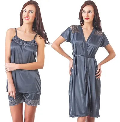 Attractive Solid Satin Nighty Robe For Women