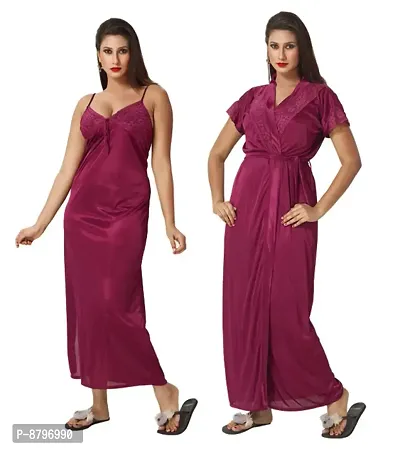 Attractive Solid Satin  Nighty  Robe For Women-thumb0