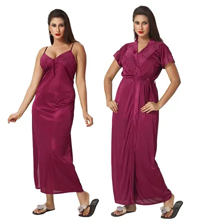 Attractive Solid Satin Nighty Robe For Women