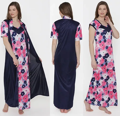 Beautiful Floral Printed Satin Nighty and Robe Set For Women