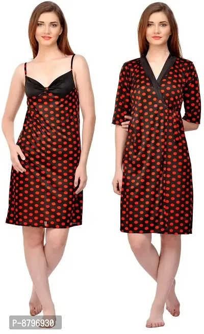 Attractive Polka Print Satin  Nighty And  Robe For Women-thumb0