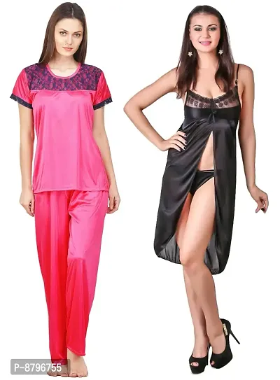 Attractive Solid Satin  Top  Pyjama and  Nighty For Women