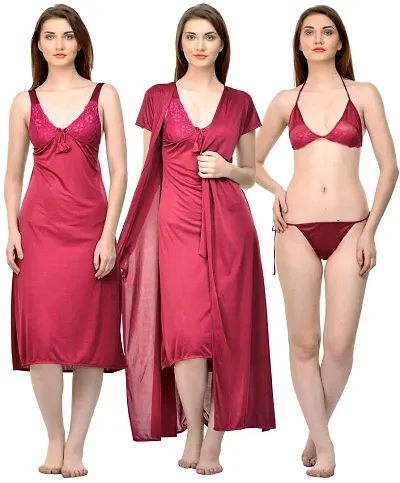 Attractive Solid Satin Nighty Robe Bra And Panty For Women