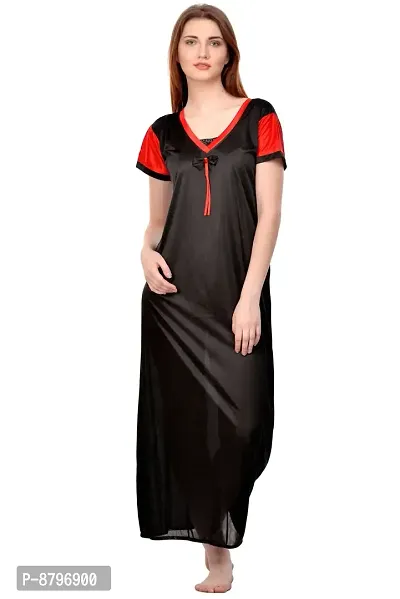 Attractive Black Satin Solid Nighty For Women