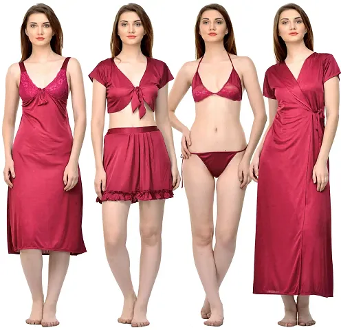 Stylish Short Night Dress & Long Night Gown & Robe & Bra & Panty Set