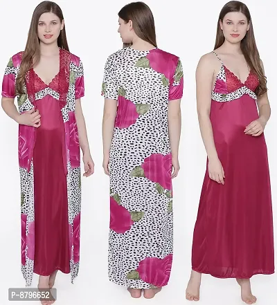 Beautiful Floral Printed Satin Nighty and Robe Set For Women