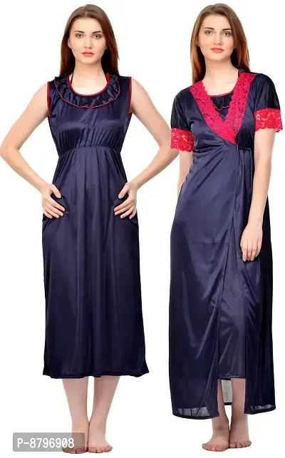 Attractive Solid Satin  nighty And  Robe For Women