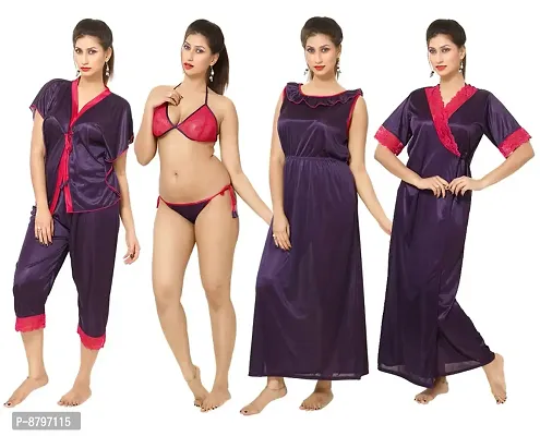 Attractive Solid Satin  Nighty  Robe  Top  Capri  Bra And  Panty For Women