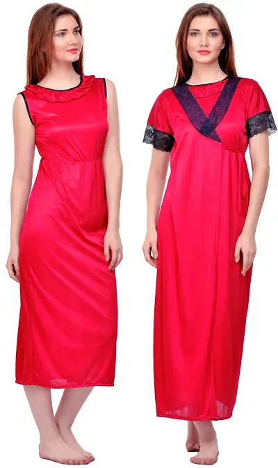 Attractive Solid Satin nighty And Robe For Women