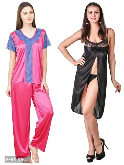Attractive Solid Satin  Top  Pyjama and  Nighty For Women