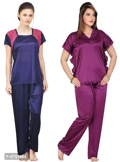 Stylish  Solid Satin Top And Pyjama Set For Women Pack Of 2