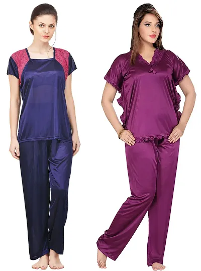 Set Of 2 Satin Solid Night Suit Set For Women And Girls