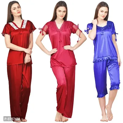 Beautiful Solid Satin Night Suit Set For Women Pack Of 3-thumb0