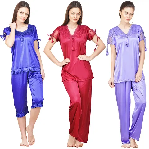 Pack Of 3 Fancy Solid Night Suit Set/Lounge Set