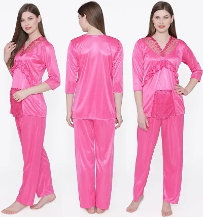 Trendy Satin Solid Night Suit Set For Women And Girls