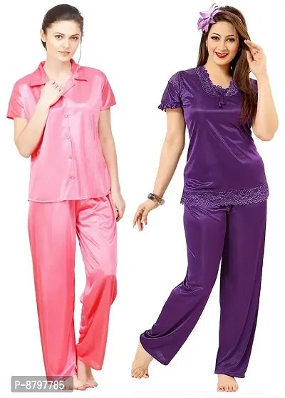 Beautiful Solid Satin Night Suit Set For Women Combo Pack Of 2-thumb0
