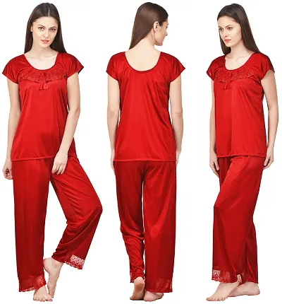 Beautiful Silky Satin Top And Pyjama Set For Women