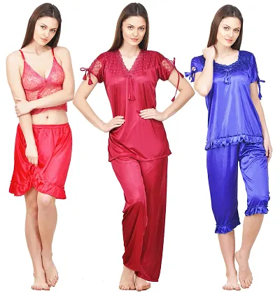 Pack Of 3 Beautiful Solid Satin Night Suit Set For Women