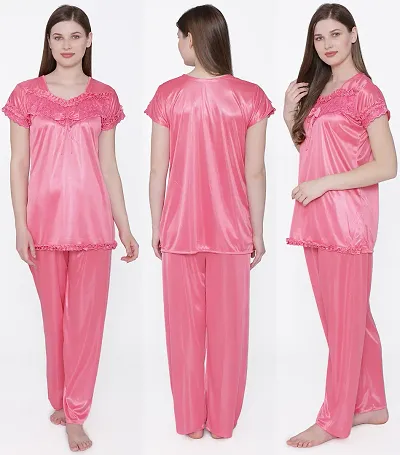 Beautiful Silky Satin Solid Top And Pyjama Set/Night Suit Set For Women