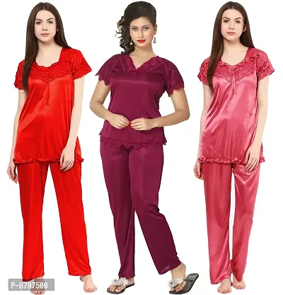 Beautiful Solid Satin Night Suit Set For Women Pack Of 3