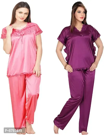 Stylish  Solid Satin Top And Pyjama Set For Women Pack Of 2