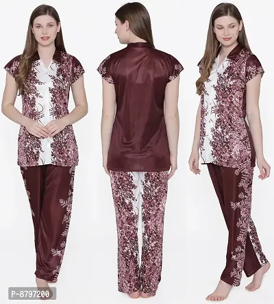 Beautiful Floral Print Satin Button Up Shirt and Long Leg Pyjama Set For Women