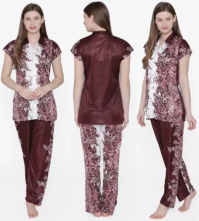 Beautiful Floral Print Satin Button Up Shirt and Long Leg Pyjama Set For Women