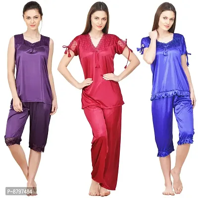 Beautiful Solid Satin Night Suit Set For Women Pack Of 3