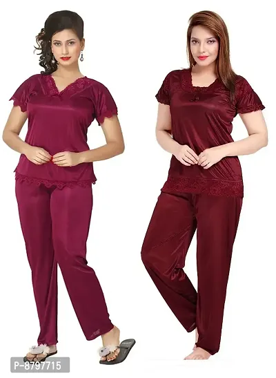 Beautiful Solid Satin Night Suit Set For Women Combo Pack Of 2-thumb0