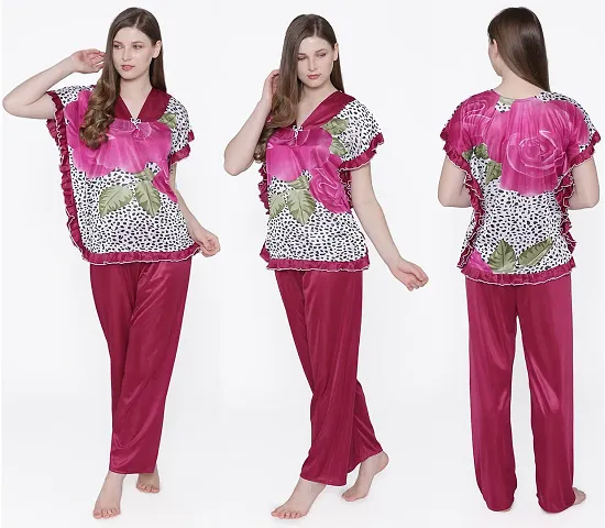 Trendy Satin Floral Night Suit Set For Women And Girls