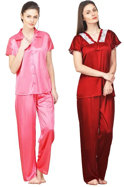 Stylish Solid Satin Top And Pyjama Set For Women Pack Of 2