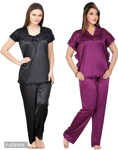 Stylish  Solid Satin Top And Pyjama Set For Women Pack Of 2