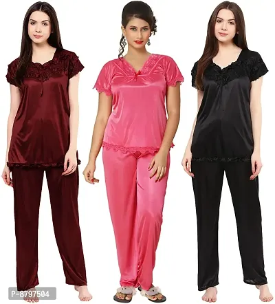 Beautiful Solid Satin Night Suit Set For Women Pack Of 3