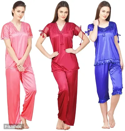 Beautiful Solid Satin Night Suit Set For Women Pack Of 3