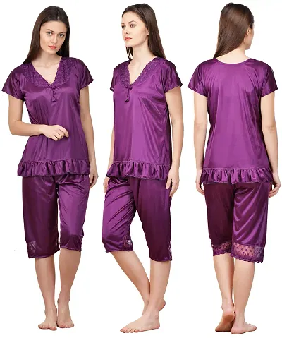 Beautiful Silky Satin Top And Capri Set For Women