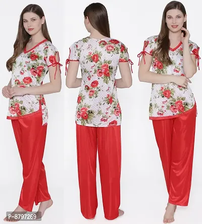 Beautiful Floral Print Satin Top and Long Leg Pyjama Set For Women-thumb0