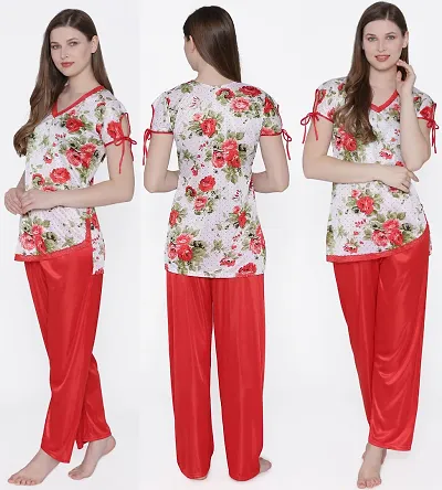 Beautiful Silky Satin Floral Top And Pyjama Set/Night Suit Set For Women