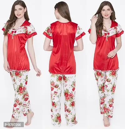 Beautiful Floral Print Satin Top and Long Leg Pyjama Set For Women-thumb0