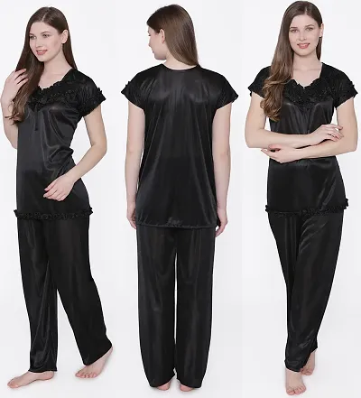 Beautiful Silky Satin Solid Top And Pyjama Set/Night Suit Set For Women