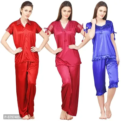 Beautiful Solid Satin Night Suit Set For Women Pack Of 3