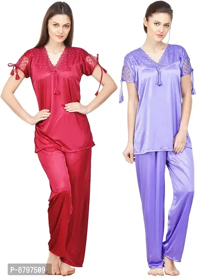 Beautiful Solid Satin Night Suits Pack Of 2