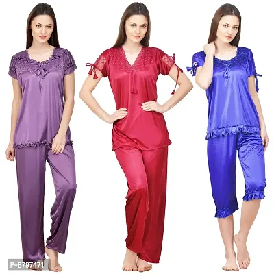 Beautiful Solid Satin Night Suit Set For Women Pack Of 3