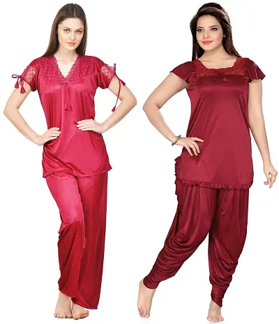 Pack Of 2 Beautiful Solid Satin Night Suit Set For Women