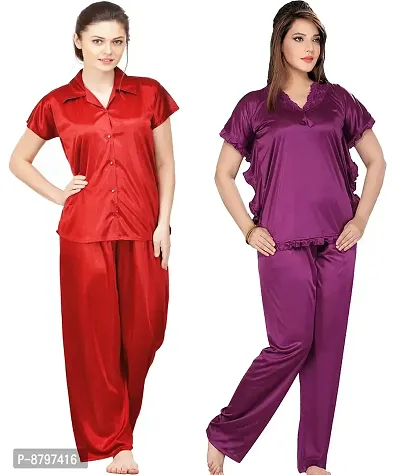 Stylish  Solid Satin Top And Pyjama Set For Women Pack Of 2