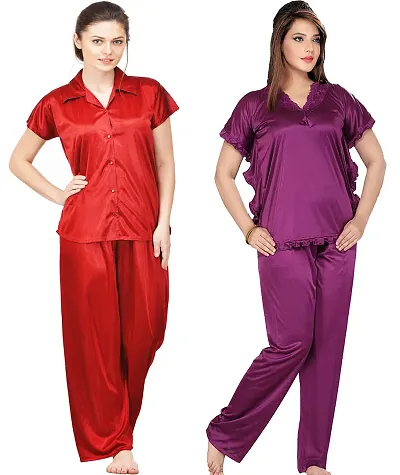 Set Of 2 Satin Solid Night Suit Set For Women And Girls